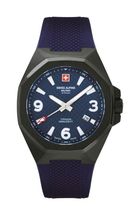 Swiss Alpine Military Typhoon Polyurethene Strap Blue Dial. A brand-new Swiss Alpine Military Typhoon watch featuring a Blue dial and a Polyurethane (PU) strap. Side view.