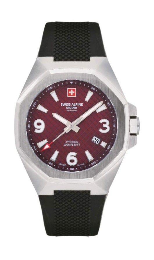 Swiss Alpine Military Typhoon Polyurethene Strap Burgundy. A brand-new Swiss Alpine Military Typhoon watch featuring a Burgundy dial and a Polyurethane (PU) strap. Front view.