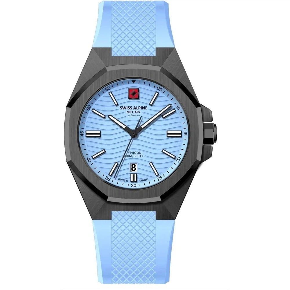 Swiss Alpine Military Typhoon Silicone Strap Light Blue. A brand-new Swiss Alpine Military Typhoon watch featuring a Blue dial and a Silicone strap. Side view.