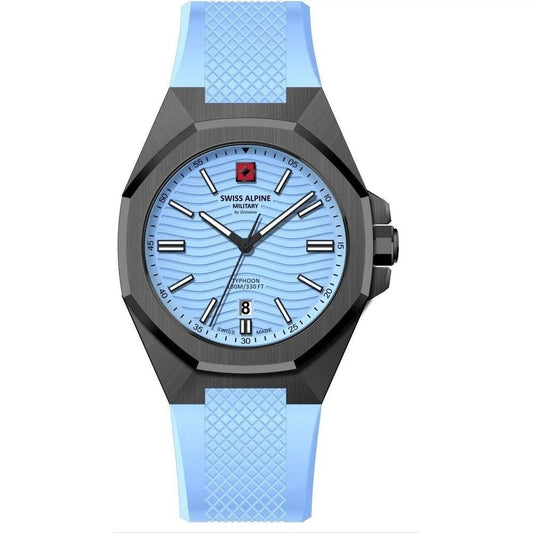 Swiss Alpine Military Typhoon Silicone Strap Light Blue. A brand-new Swiss Alpine Military Typhoon watch featuring a Blue dial and a Silicone strap. Side view.