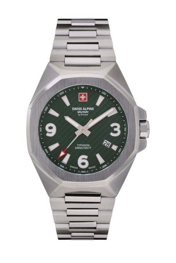 Swiss Alpine Military Typhoon Stainless Steel Green Dial. A brand-new Swiss Alpine Military Typhoon watch featuring a Green dial and a Stainless steel strap. Front view.