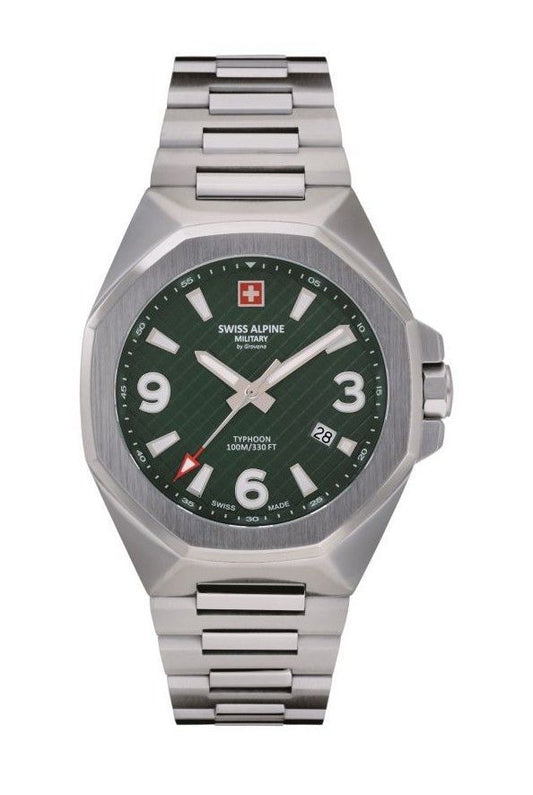 Swiss Alpine Military Typhoon Stainless Steel Green Dial. A brand-new Swiss Alpine Military Typhoon watch featuring a Green dial and a Stainless steel strap. Front view.