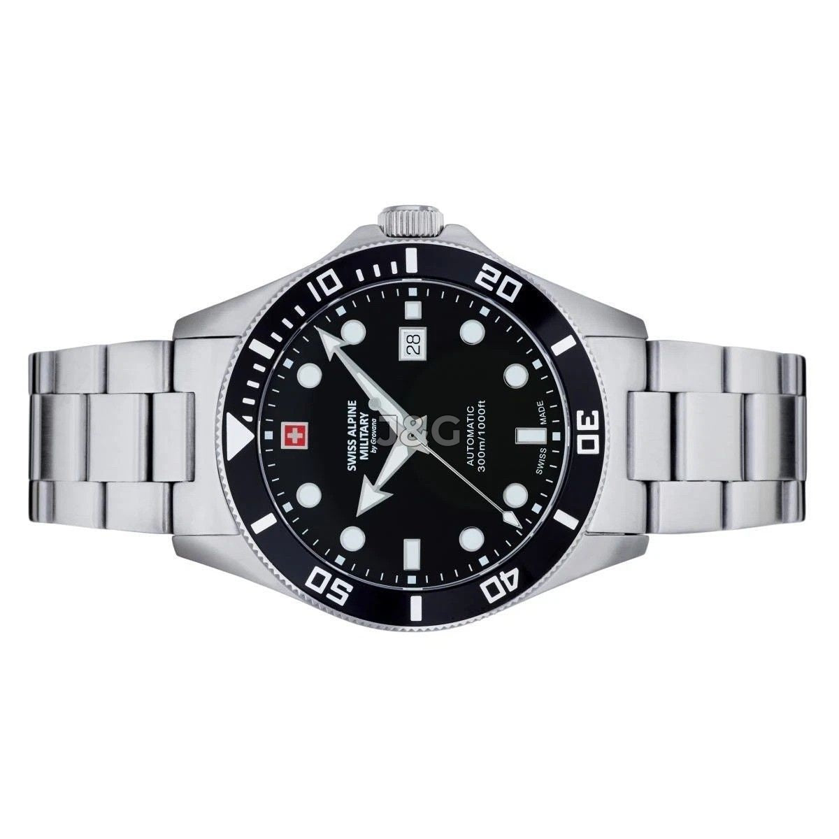 Swiss Alpine Military Automatic movement Black Stainless steel Male 7095.2137.-.GW. A brand-new Swiss Alpine Military watch featuring a Black dial and a Stainless steel strap. Side view. - view 2