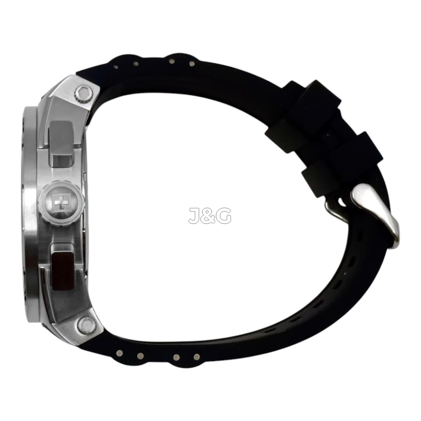 Swiss Alpine Military Aviator Luminous hands Black Rubber Male 7033.9837.-.GW. A brand-new Swiss Alpine Military Aviator watch featuring a Black dial and a Rubber strap. Side view. - view 2