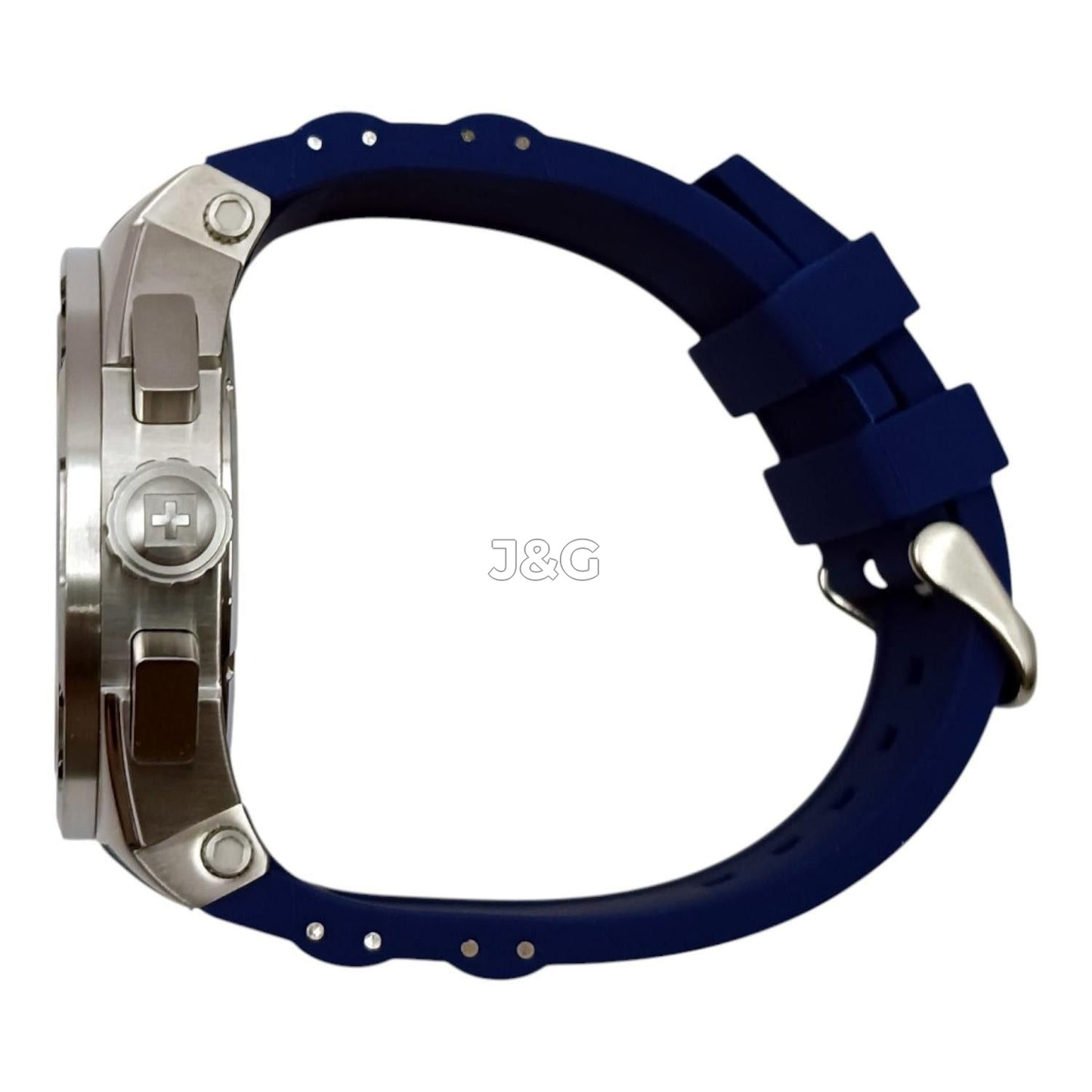 Swiss Alpine Military Aviator Quartz movement Blue Rubber Male 7033.9835.-.GW. A brand-new Swiss Alpine Military Aviator watch featuring a Blue dial and a Rubber strap. Side view. - view 2