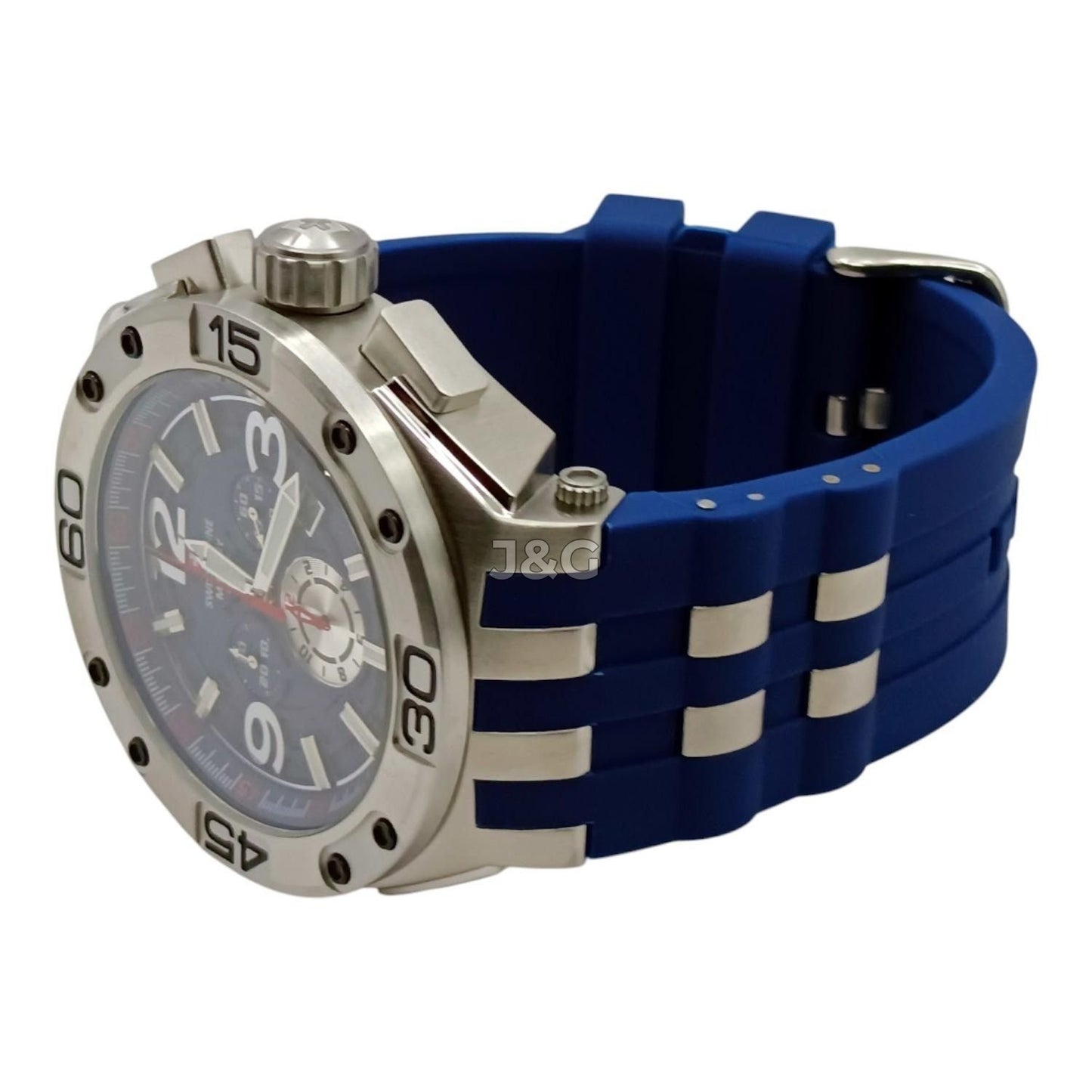 Swiss Alpine Military Aviator Quartz movement Blue Rubber Male 7033.9835.-.GW. A brand-new Swiss Alpine Military Aviator watch featuring a Blue dial and a Rubber strap. Side view. - view 3