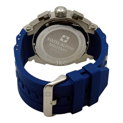 Swiss Alpine Military Aviator Quartz movement Blue Rubber Male 7033.9835.-.GW. A brand-new Swiss Alpine Military Aviator watch featuring a Blue dial and a Rubber strap. Side view. - view 4