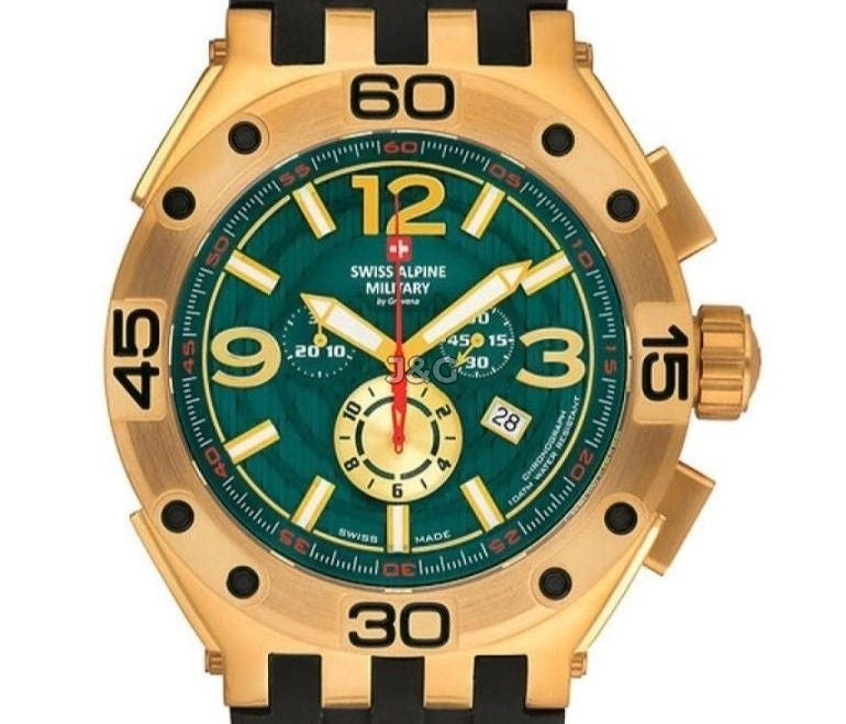 Swiss Alpine Military Aviator Quartz movement Green Rubber Male 7033.9814.-.GW. A brand-new Swiss Alpine Military Aviator watch featuring a Green dial and a Rubber strap. Front view. - view 2