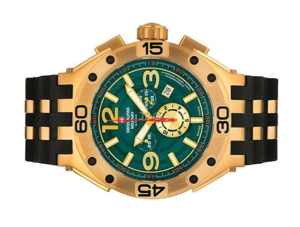 Swiss Alpine Military Aviator Quartz movement Green Rubber Male 7033.9814.-.GW. A brand-new Swiss Alpine Military Aviator watch featuring a Green dial and a Rubber strap. Front view. - view 3