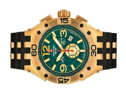 Swiss Alpine Military Aviator Quartz movement Green Rubber Male 7033.9814.-.GW. A brand-new Swiss Alpine Military Aviator watch featuring a Green dial and a Rubber strap. Front view. - view 3