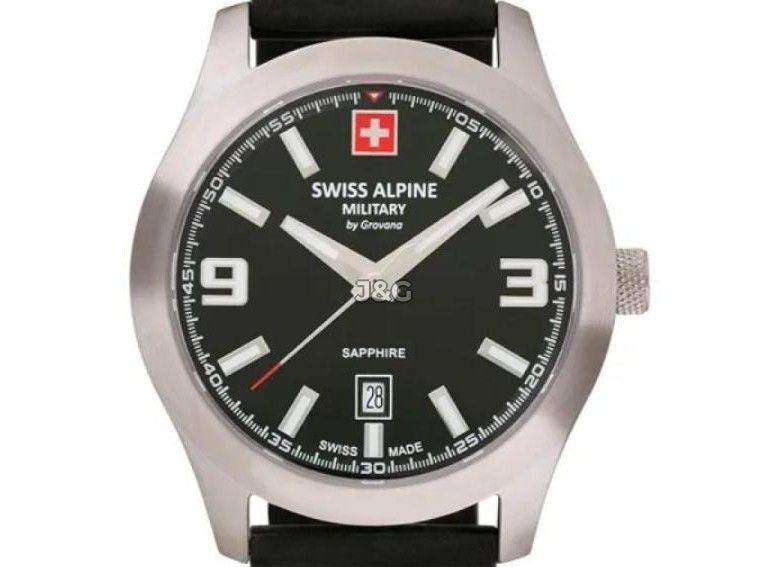 Swiss Alpine Military Combat Luminous hands Black Rubber Male 7056.1837.-.GW. A brand-new Swiss Alpine Military Combat watch featuring a Black dial and a Rubber strap. Angled view. - view 2