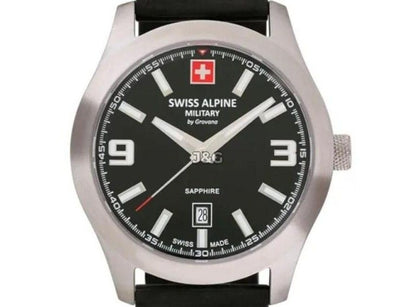 Swiss Alpine Military Combat Luminous hands Black Rubber Male 7056.1837.-.GW. A brand-new Swiss Alpine Military Combat watch featuring a Black dial and a Rubber strap. Angled view. - view 2