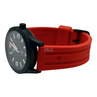 Swiss Alpine Military Combat Luminous hands Black Rubber Male 7056.1876.-.GW. A brand-new Swiss Alpine Military Combat watch featuring a Black dial and a Rubber strap. Angled view. - view 3