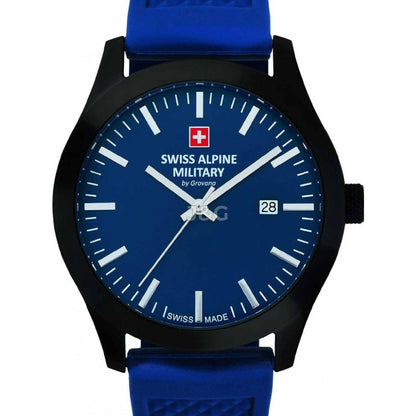 Swiss Alpine Military Combat Luminous hands Blue Rubber Male 7055.1875.-.GW. A brand-new Swiss Alpine Military Combat watch featuring a Blue dial and a Rubber strap. Angled view. - view 2