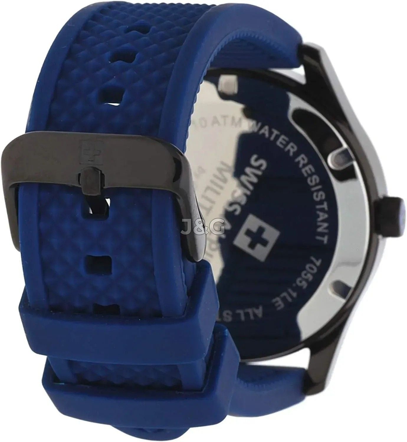 Swiss Alpine Military Combat Luminous hands Blue Rubber Male 7055.1875.-.GW. A brand-new Swiss Alpine Military Combat watch featuring a Blue dial and a Rubber strap. Angled view. - view 3