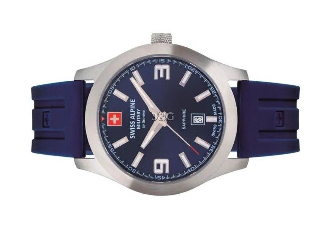 Swiss Alpine Military Combat Luminous hands Blue Rubber Male 7056.1835.-.GW. A brand-new Swiss Alpine Military Combat watch featuring a Blue dial and a Rubber strap. Front view. - view 3