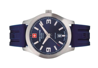Swiss Alpine Military Combat Luminous hands Blue Rubber Male 7056.1835.-.GW. A brand-new Swiss Alpine Military Combat watch featuring a Blue dial and a Rubber strap. Front view. - view 3