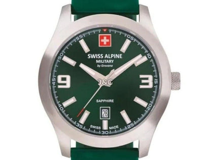 Swiss Alpine Military Combat Luminous hands Green Rubber Male 7056.1834.-.GW. A brand-new Swiss Alpine Military Combat watch featuring a Green dial and a Rubber strap. Front view. - view 2