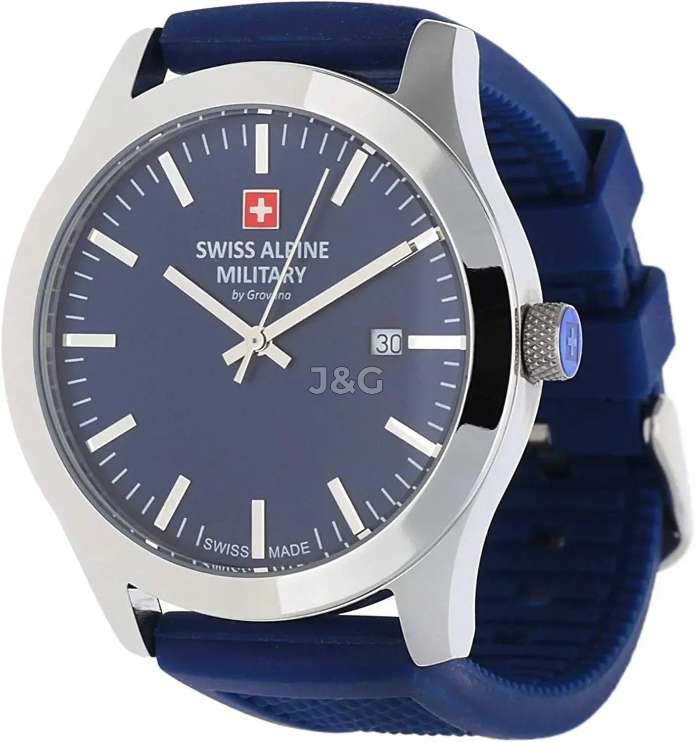 Swiss Alpine Military Combat Quartz movement Blue Rubber Male 7055.1835.-.GW. A brand-new Swiss Alpine Military Combat watch featuring a Blue dial and a Rubber strap. Front view. - view 2