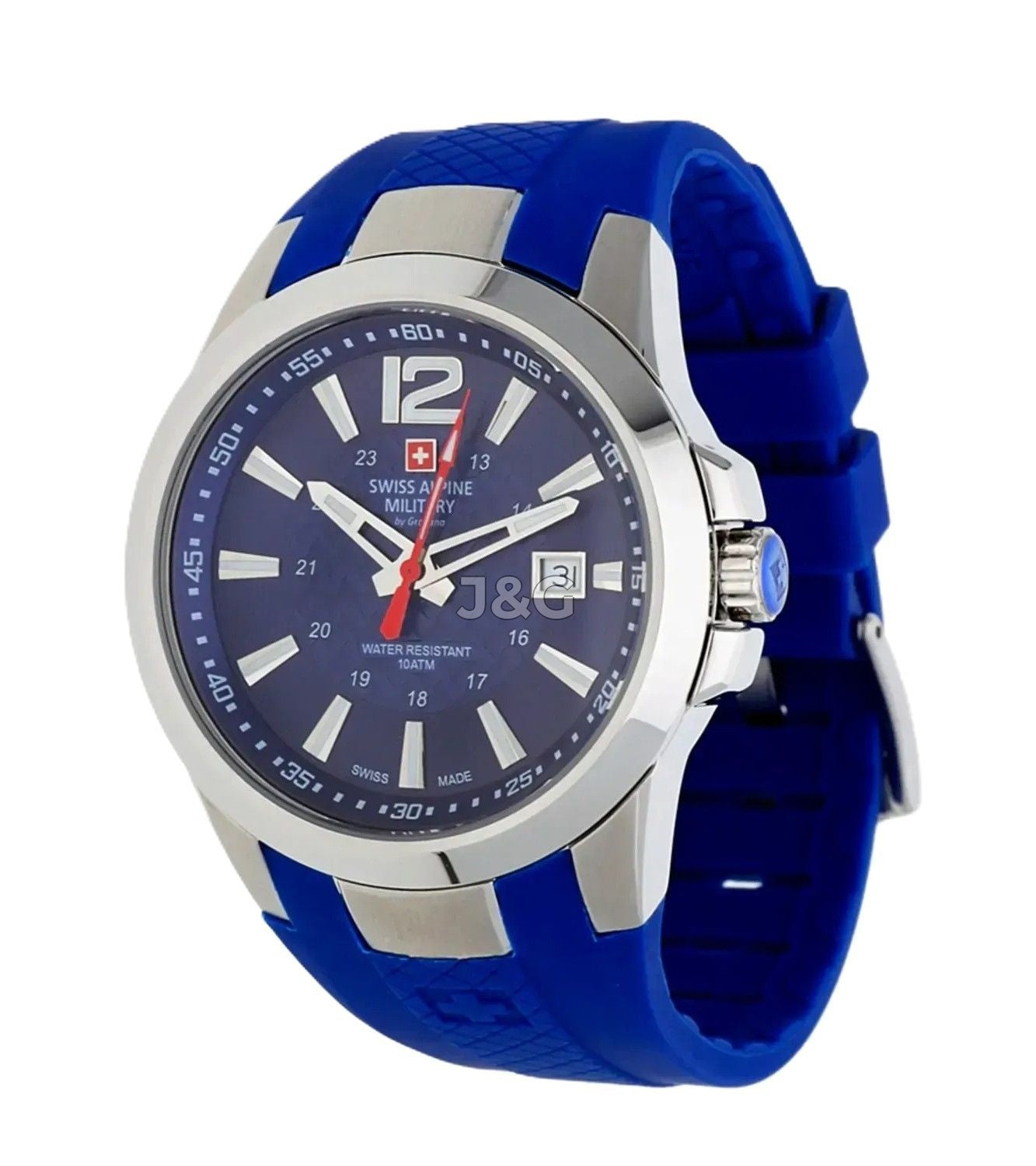 Swiss Alpine Military Combat Quartz movement Blue Rubber Male 7058.1835.-.GW. A brand-new Swiss Alpine Military Combat watch featuring a Blue dial and a Rubber strap. Angled view. - view 2