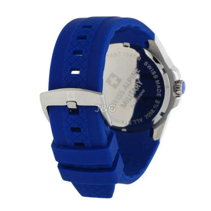 Swiss Alpine Military Combat Quartz movement Blue Rubber Male 7058.1835.-.GW. A brand-new Swiss Alpine Military Combat watch featuring a Blue dial and a Rubber strap. Angled view. - view 3