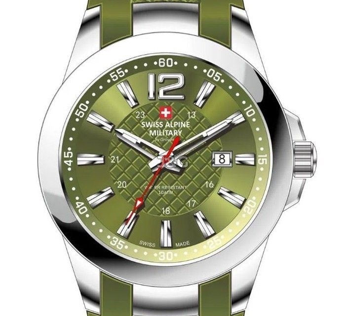 Swiss Alpine Military Combat Quartz movement Green Silicone Female 7758.1838.-.GW. A brand-new Swiss Alpine Military Combat watch featuring a Green dial and a Silicone strap. Side view. - view 2