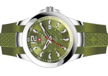 Swiss Alpine Military Combat Quartz movement Green Silicone Female 7758.1838.-.GW. A brand-new Swiss Alpine Military Combat watch featuring a Green dial and a Silicone strap. Side view. - view 3
