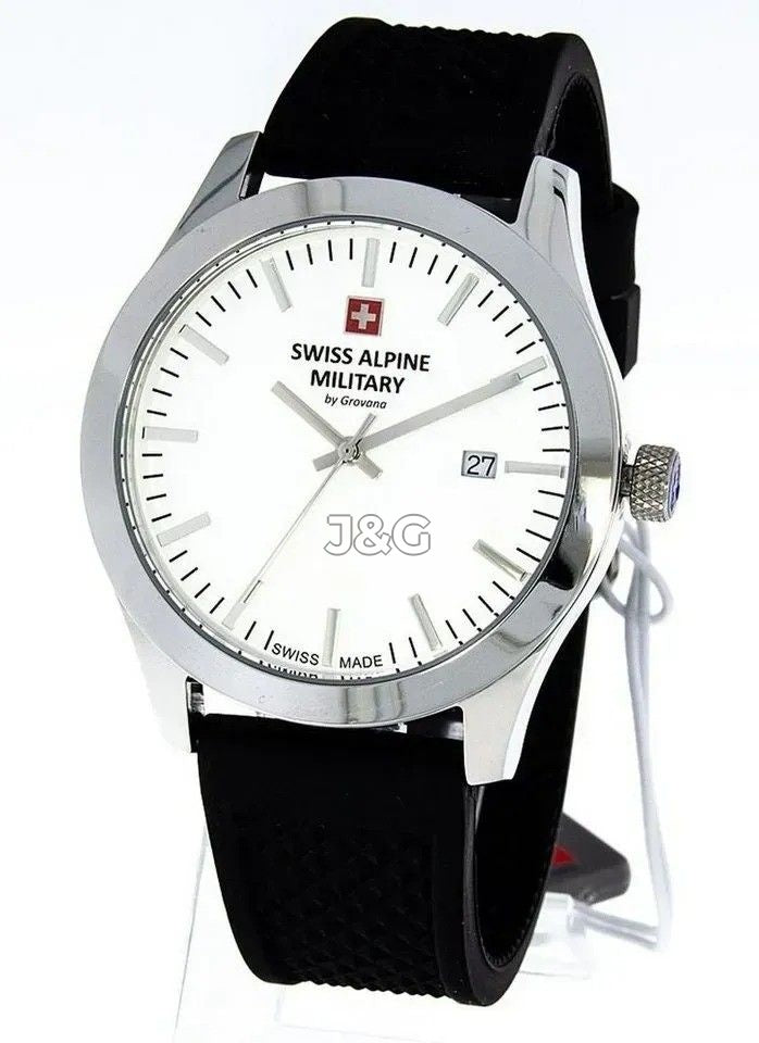 Swiss Alpine Military Combat Quartz movement White Rubber Male 7055.1833.-.GW. A brand-new Swiss Alpine Military Combat watch featuring a White dial and a Rubber strap. Side view. - view 2