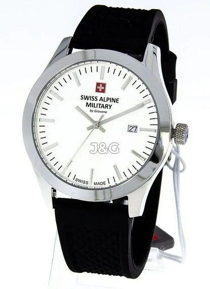 Swiss Alpine Military Combat Quartz movement White Rubber Male 7055.1833.-.GW. A brand-new Swiss Alpine Military Combat watch featuring a White dial and a Rubber strap. Side view. - view 2