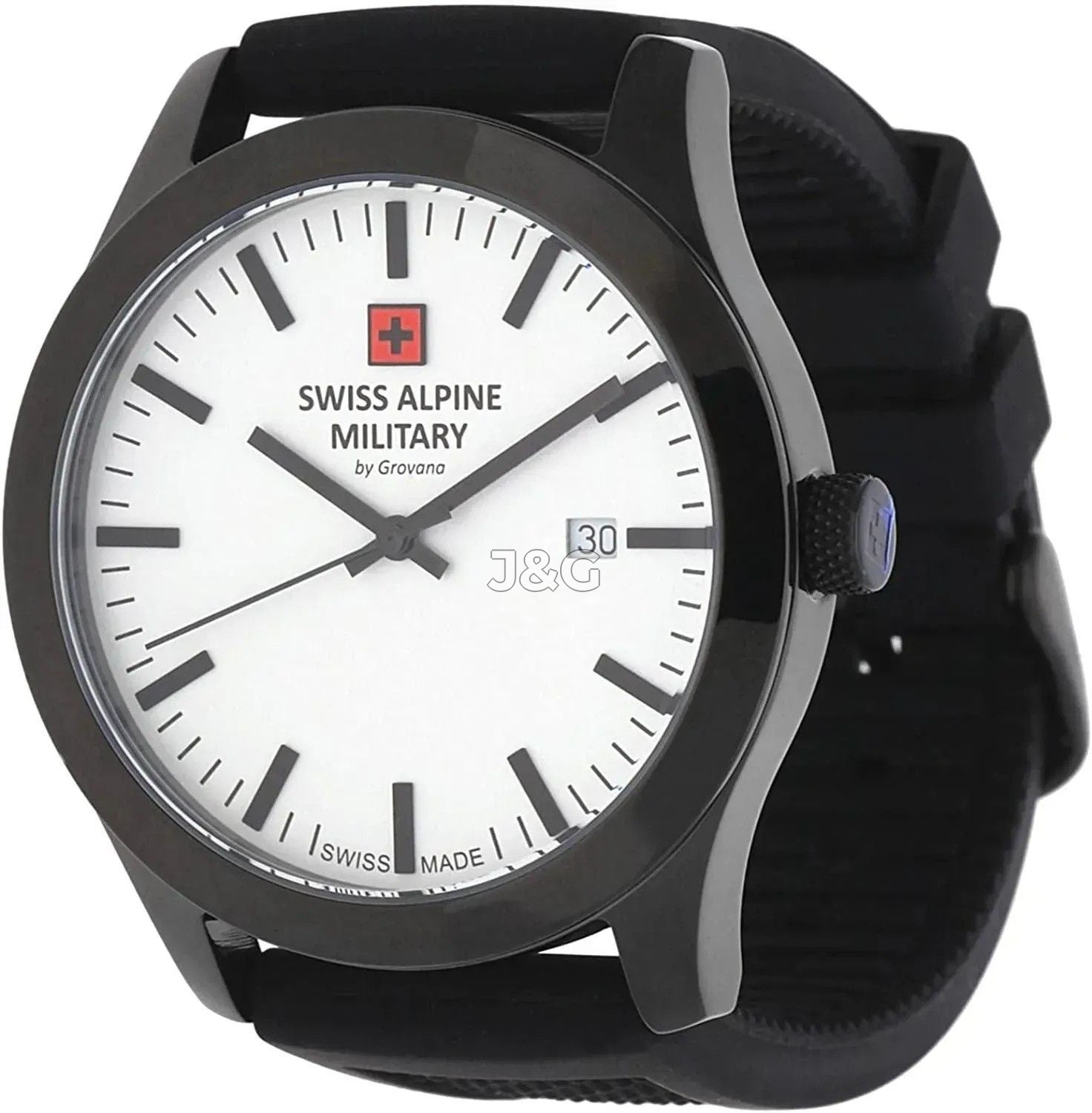 Swiss Alpine Military Combat Quartz movement White Rubber Male 7055.1873.-.GW. A brand-new Swiss Alpine Military Combat watch featuring a White dial and a Rubber strap. Side view. - view 2