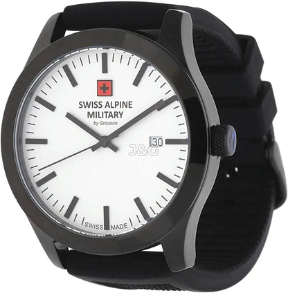 Swiss Alpine Military Combat Quartz movement White Rubber Male 7055.1873.-.GW. A brand-new Swiss Alpine Military Combat watch featuring a White dial and a Rubber strap. Side view. - view 2