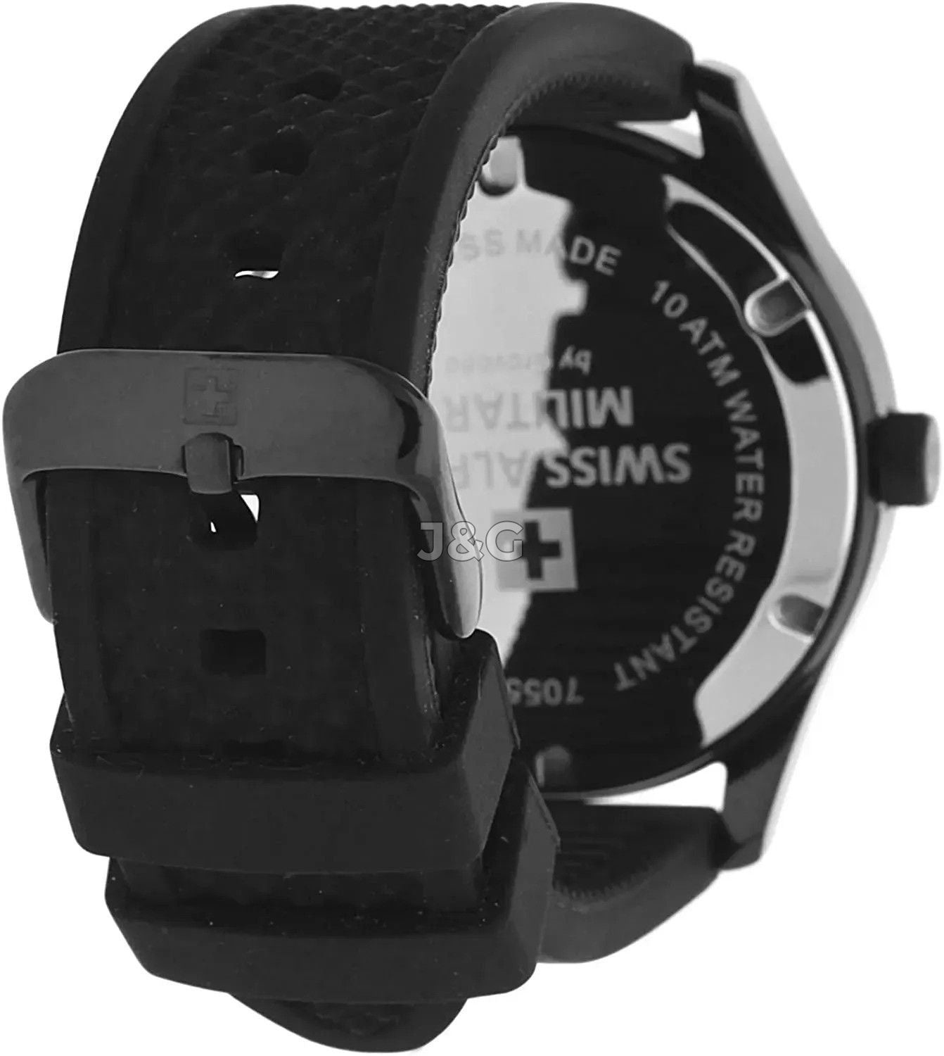 Swiss Alpine Military Combat Quartz movement White Rubber Male 7055.1873.-.GW. A brand-new Swiss Alpine Military Combat watch featuring a White dial and a Rubber strap. Side view. - view 3