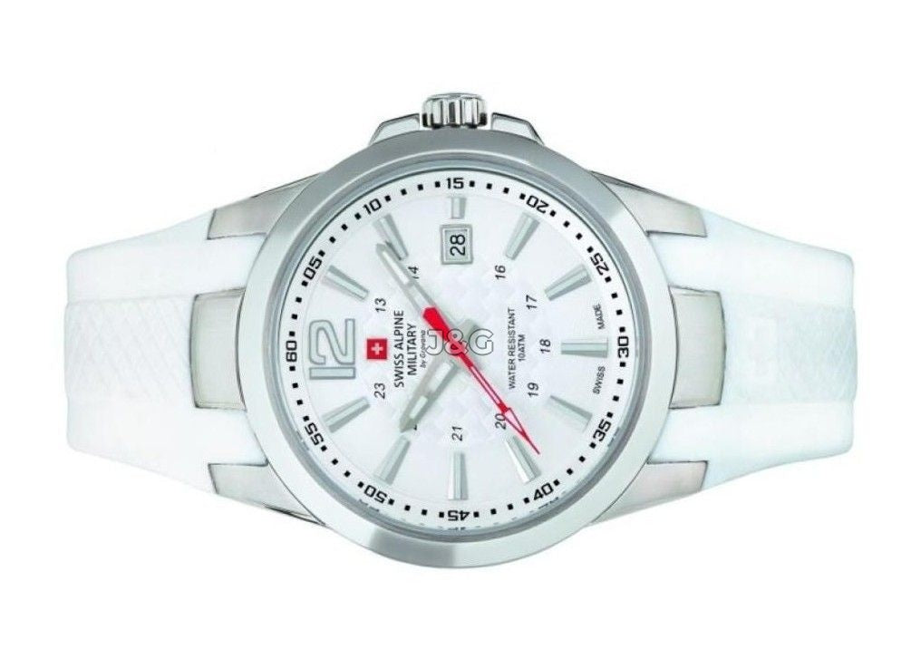 Swiss Alpine Military Combat Quartz movement White Rubber Male 7058.1833.-.GW. A brand-new Swiss Alpine Military Combat watch featuring a White dial and a Rubber strap. Side view. - view 3