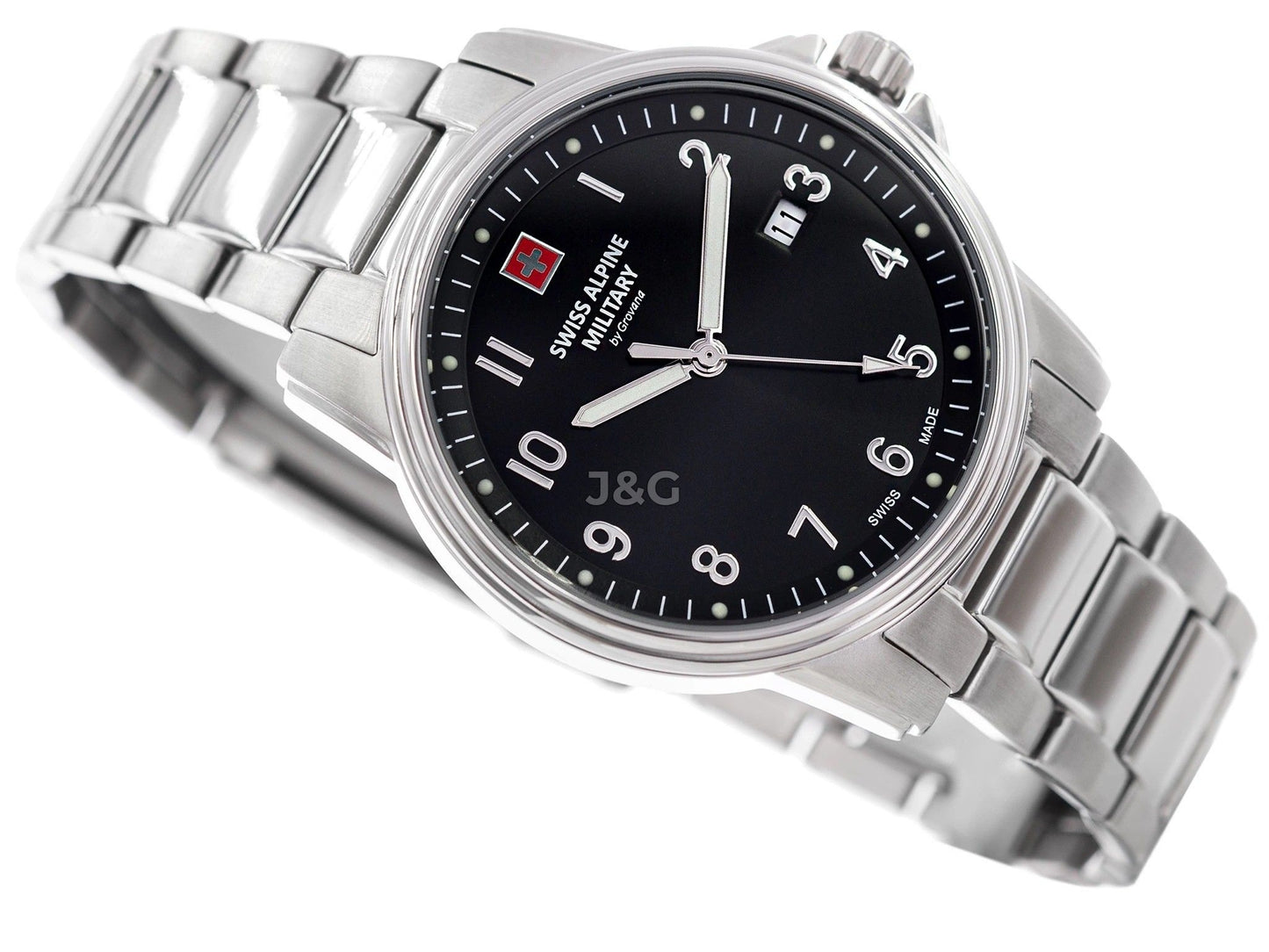 Swiss Alpine Military Leader Date display Black Stainless steel Male 7011.1137.-.GW. A brand-new Swiss Alpine Military Leader watch featuring a Black dial and a Stainless steel strap. Side view. - view 2