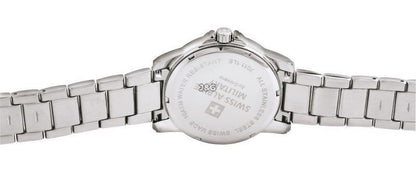 Swiss Alpine Military Leader Date display Black Stainless steel Male 7011.1137.-.GW. A brand-new Swiss Alpine Military Leader watch featuring a Black dial and a Stainless steel strap. Side view. - view 3