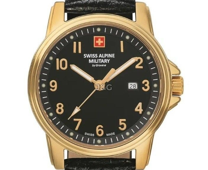 Swiss Alpine Military Leader Quartz movement Black Leather Female 7711.1517.-.GW. A brand-new Swiss Alpine Military Leader watch featuring a Black dial and a Leather strap. Front view. - view 2