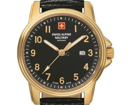 Swiss Alpine Military Leader Quartz movement Black Leather Female 7711.1517.-.GW. A brand-new Swiss Alpine Military Leader watch featuring a Black dial and a Leather strap. Front view. - view 2