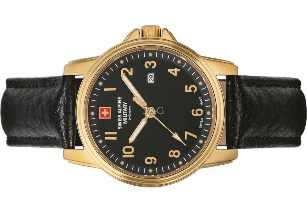 Swiss Alpine Military Leader Quartz movement Black Leather Female 7711.1517.-.GW. A brand-new Swiss Alpine Military Leader watch featuring a Black dial and a Leather strap. Front view. - view 3