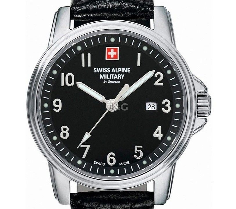 Swiss Alpine Military Leader Quartz movement Black Leather Female 7711.1537.-.GW. A brand-new Swiss Alpine Military Leader watch featuring a Black dial and a Leather strap. Angled view. - view 2