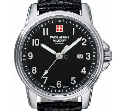 Swiss Alpine Military Leader Quartz movement Black Leather Female 7711.1537.-.GW. A brand-new Swiss Alpine Military Leader watch featuring a Black dial and a Leather strap. Angled view. - view 2