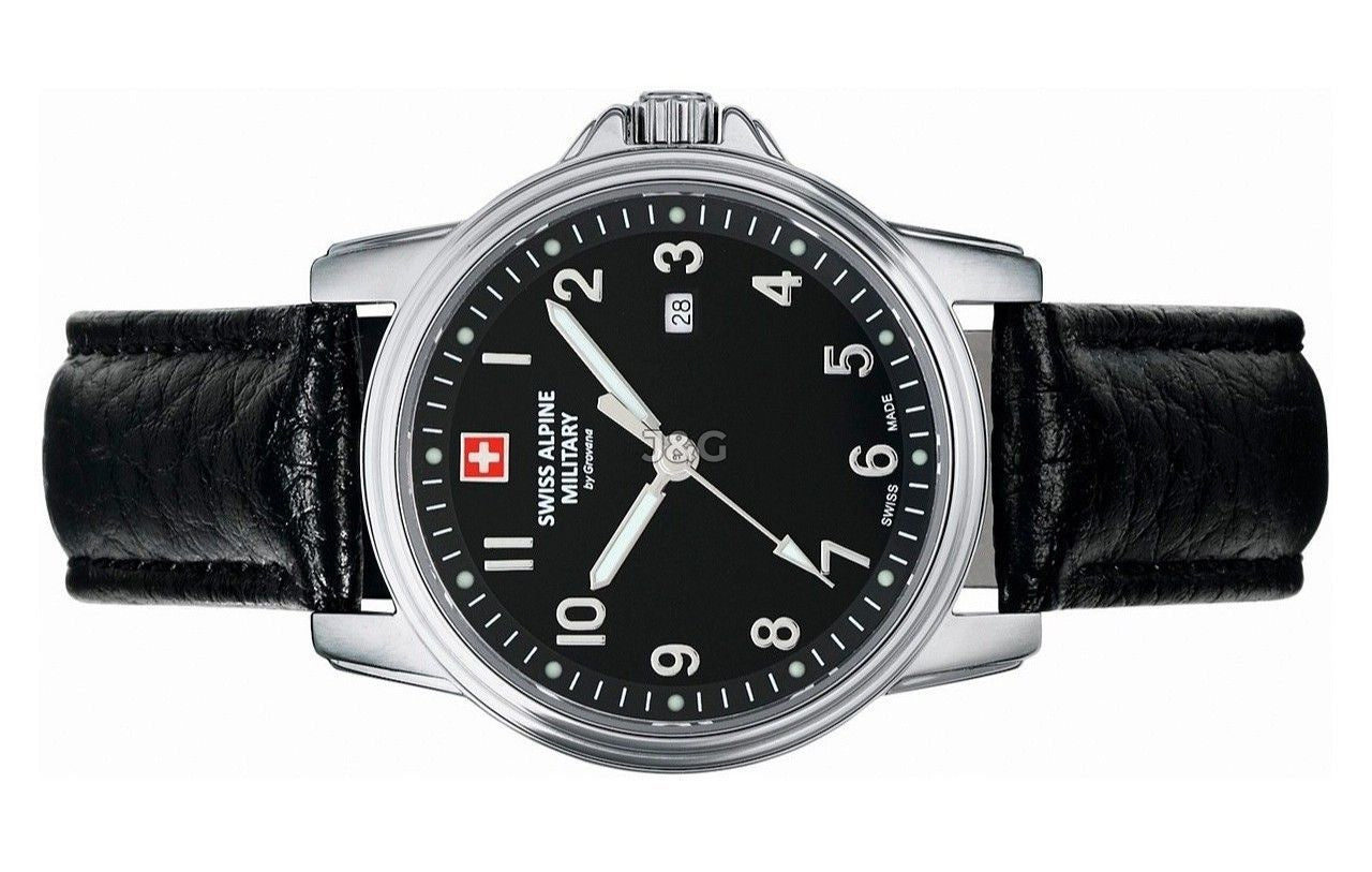 Swiss Alpine Military Leader Quartz movement Black Leather Female 7711.1537.-.GW. A brand-new Swiss Alpine Military Leader watch featuring a Black dial and a Leather strap. Angled view. - view 3