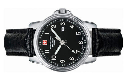 Swiss Alpine Military Leader Quartz movement Black Leather Female 7711.1537.-.GW. A brand-new Swiss Alpine Military Leader watch featuring a Black dial and a Leather strap. Angled view. - view 3