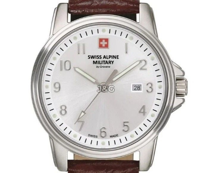 Swiss Alpine Military Leader Quartz movement Silver Leather Female 7711.1532.-.GW. A brand-new Swiss Alpine Military Leader watch featuring a Silver dial and a Leather strap. Side view. - view 2