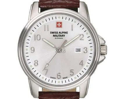 Swiss Alpine Military Leader Quartz movement Silver Leather Female 7711.1532.-.GW. A brand-new Swiss Alpine Military Leader watch featuring a Silver dial and a Leather strap. Side view. - view 2