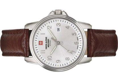 Swiss Alpine Military Leader Quartz movement Silver Leather Female 7711.1532.-.GW. A brand-new Swiss Alpine Military Leader watch featuring a Silver dial and a Leather strap. Side view. - view 3