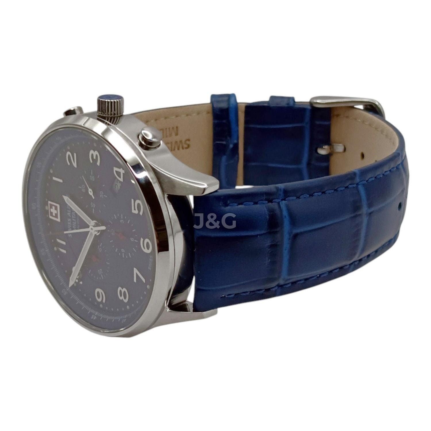 Swiss Alpine Military Luminous hands Blue Leather Male 7084.9535.-.GW. A brand-new Swiss Alpine Military watch featuring a Blue dial and a Leather strap. Angled view. - view 3