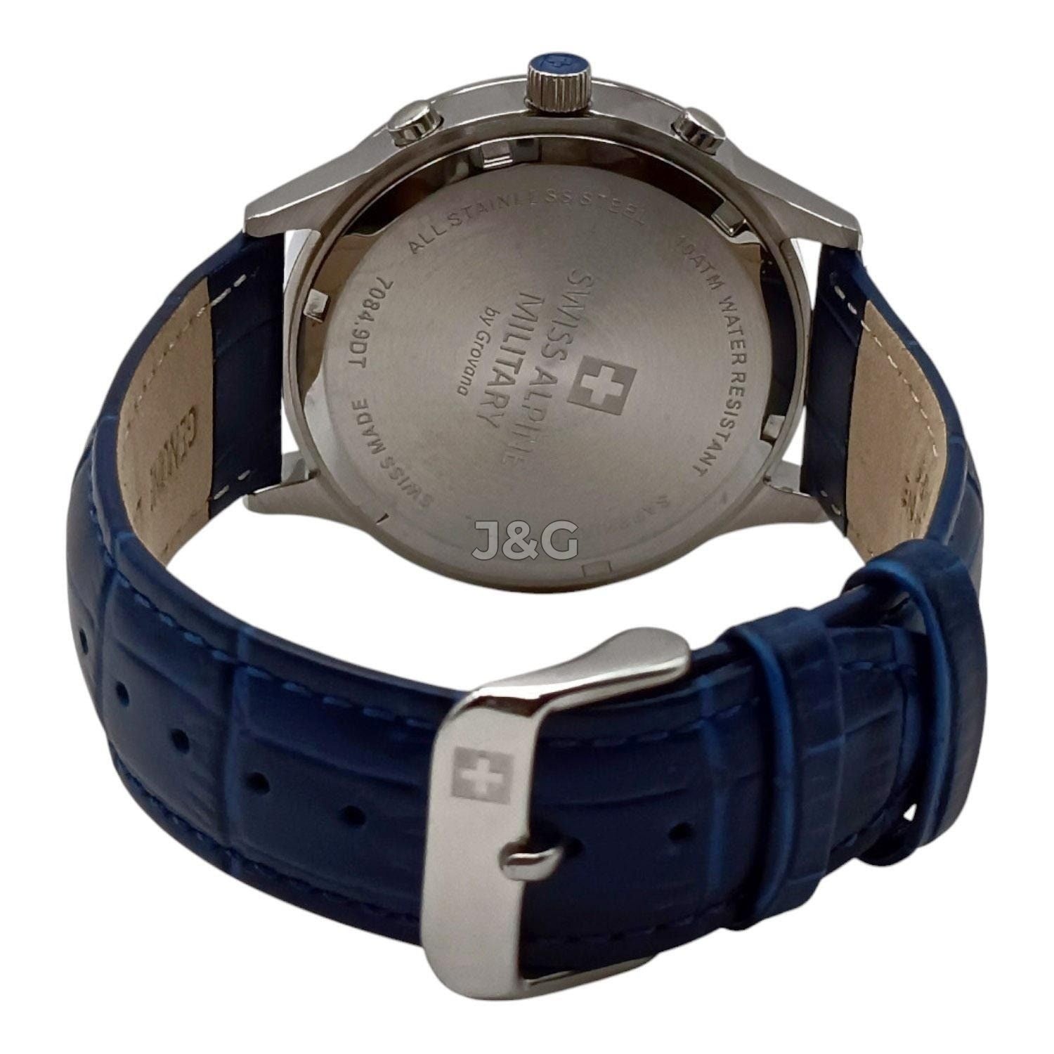 Swiss Alpine Military Luminous hands Blue Leather Male 7084.9535.-.GW. A brand-new Swiss Alpine Military watch featuring a Blue dial and a Leather strap. Angled view. - view 4