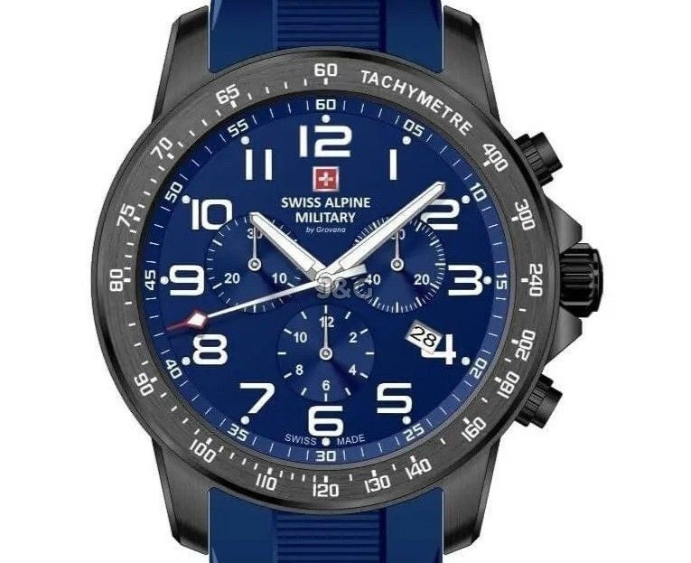 Swiss Alpine Military Luminous hands Blue Rubber Male 7064.9875.-.GW. A brand-new Swiss Alpine Military watch featuring a Blue dial and a Rubber strap. Angled view. - view 2