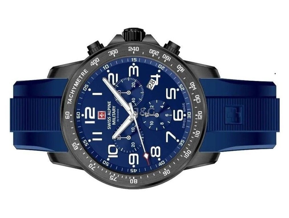 Swiss Alpine Military Luminous hands Blue Rubber Male 7064.9875.-.GW. A brand-new Swiss Alpine Military watch featuring a Blue dial and a Rubber strap. Angled view. - view 3