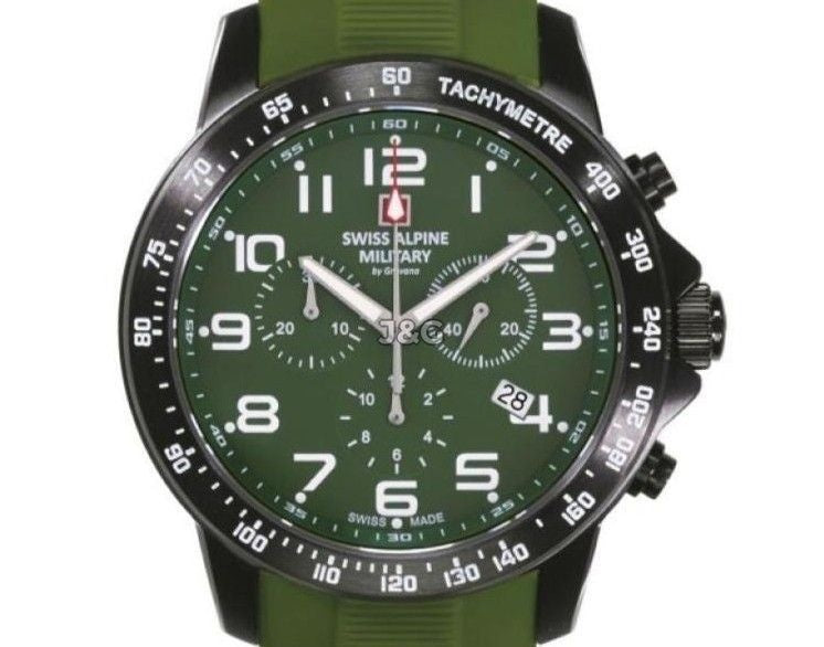 Swiss Alpine Military Luminous hands Green Rubber Male 7064.9874.-.GW. A brand-new Swiss Alpine Military watch featuring a Green dial and a Rubber strap. Angled view. - view 2